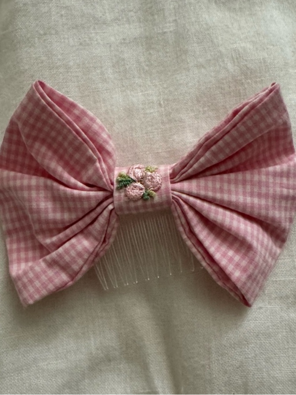 Pink Gingham Bow Hair Comb with Embroidered Floral Detail